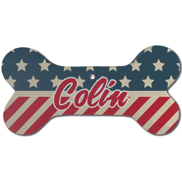 Custom Stars and Stripes Ceramic Dog Ornament - Front w/ Name or Text