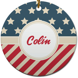 Stars and Stripes Round Ceramic Ornament w/ Name or Text