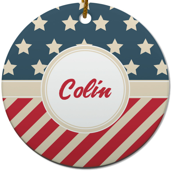 Custom Stars and Stripes Round Ceramic Ornament w/ Name or Text