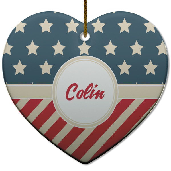 Custom Stars and Stripes Heart Ceramic Ornament w/ Name or Text