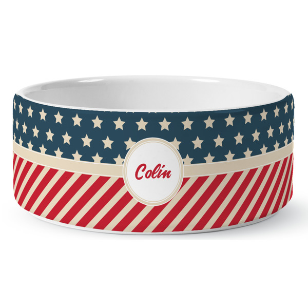 Custom Stars and Stripes Ceramic Dog Bowl - Large (Personalized)