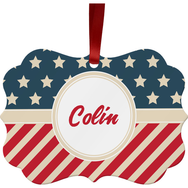 Custom Stars and Stripes Metal Frame Ornament - Double Sided w/ Name or Text