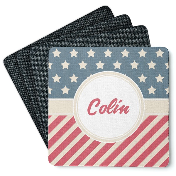Custom Stars and Stripes Square Rubber Backed Coasters - Set of 4 (Personalized)