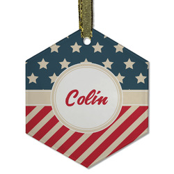 Stars and Stripes Flat Glass Ornament - Hexagon w/ Name or Text