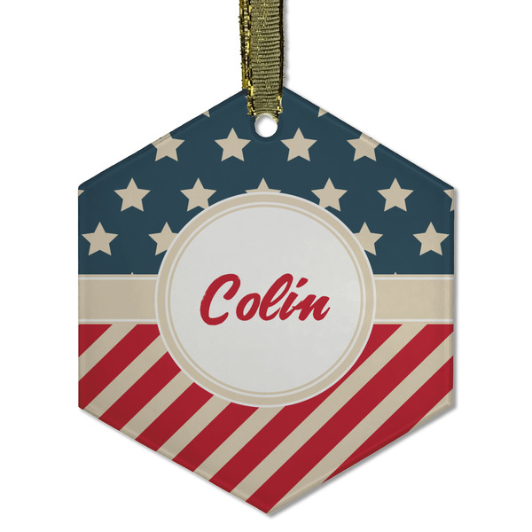 Custom Stars and Stripes Flat Glass Ornament - Hexagon w/ Name or Text