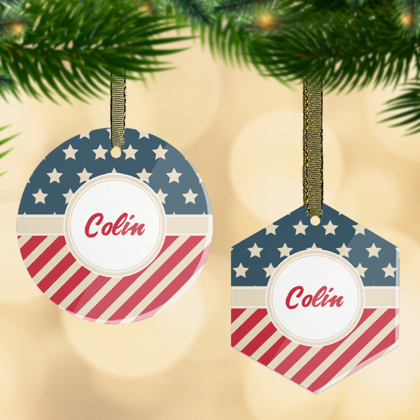 Custom Stars and Stripes Flat Glass Ornament w/ Name or Text
