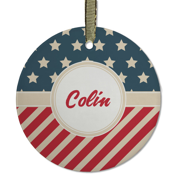 Custom Stars and Stripes Flat Glass Ornament - Round w/ Name or Text