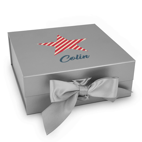 Custom Stars and Stripes Gift Box with Magnetic Lid - Silver (Personalized)