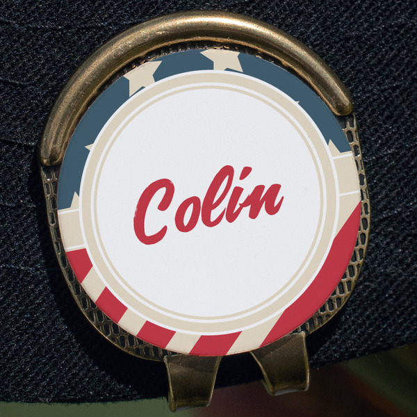 Stars and Stripes Golf Ball Marker Hat Clip - Gold - Close Up