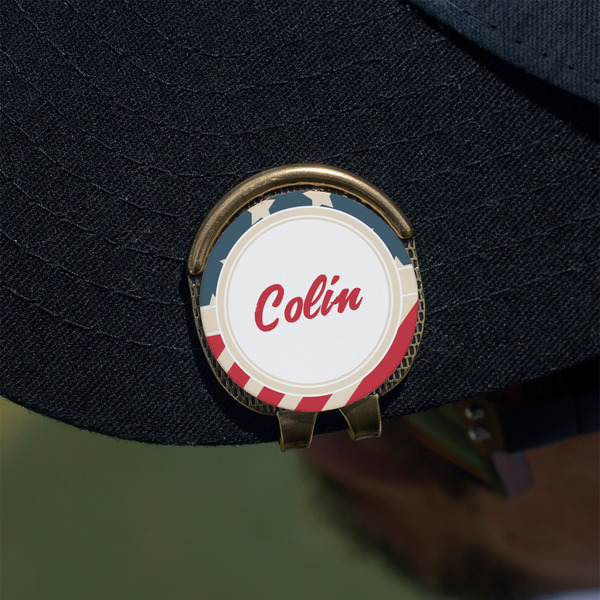 Stars and Stripes Golf Ball Marker Hat Clip - Gold - On Hat