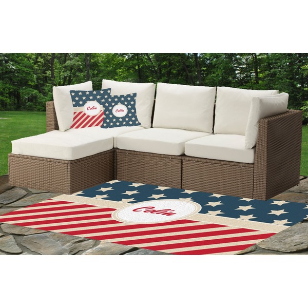 Custom Stars and Stripes Indoor / Outdoor Rug - Custom Size w/ Name or Text