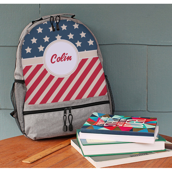 Stars and Stripes Large Backpack - Gray - On Desk