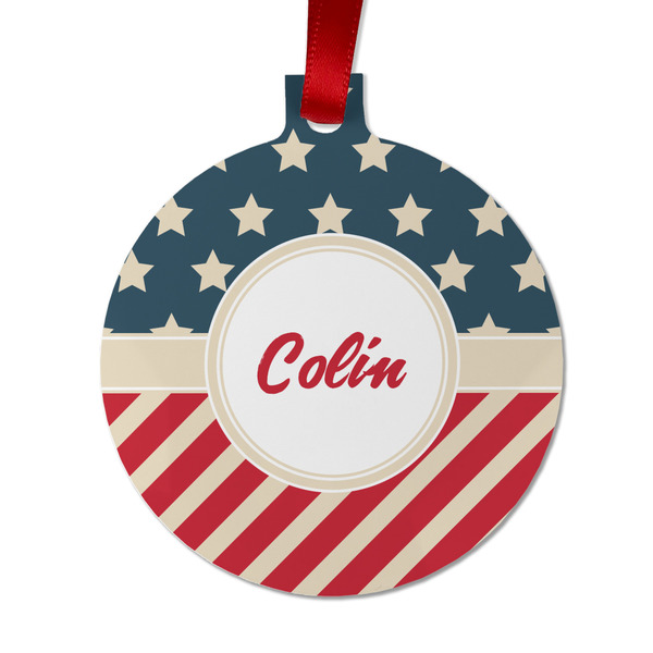 Custom Stars and Stripes Metal Ball Ornament - Double Sided w/ Name or Text
