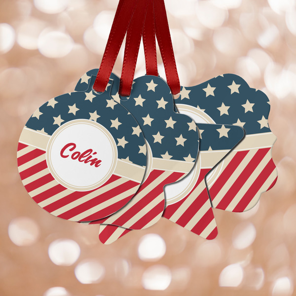 Custom Stars and Stripes Metal Ornaments - Double Sided w/ Name or Text