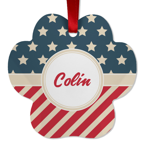 Custom Stars and Stripes Metal Paw Ornament - Double Sided w/ Name or Text