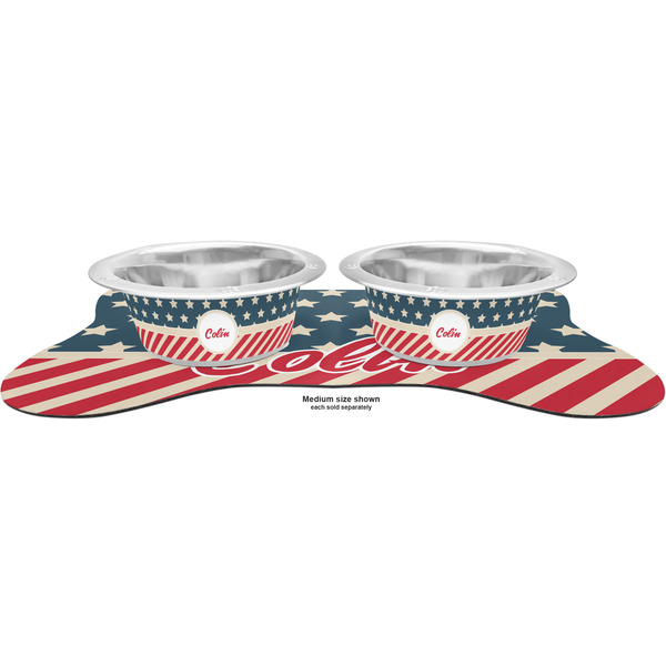 Stars and Stripes Metal Pet Bowls - On Dog Bone Shaped Mat