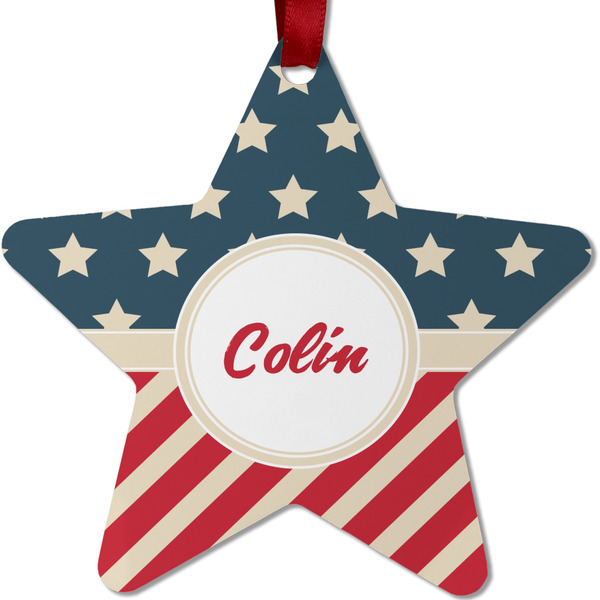 Custom Stars and Stripes Metal Star Ornament - Double Sided w/ Name or Text