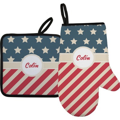 Stars and Stripes Oven Mitt & Pot Holder Set w/ Name or Text