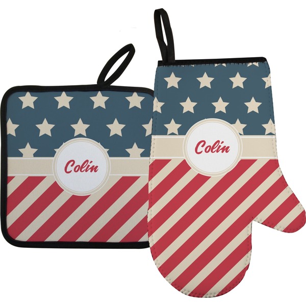 Custom Stars and Stripes Oven Mitt & Pot Holder Set w/ Name or Text