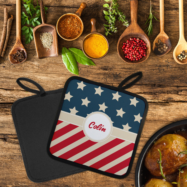 Stars and Stripes Neoprene Pot Holder - Set of 2  LIFESTYLE (Flatlay)