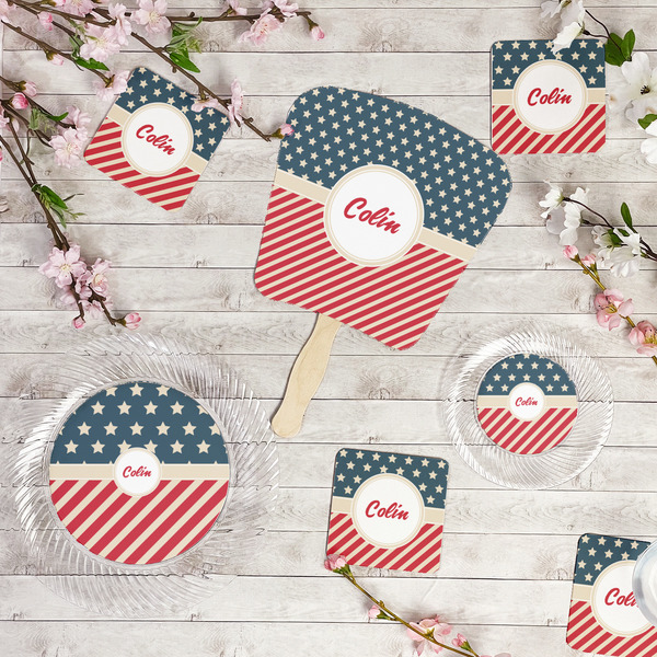 Stars and Stripes Party Supplies Combination Image - All items - Plates, Coasters, Fans