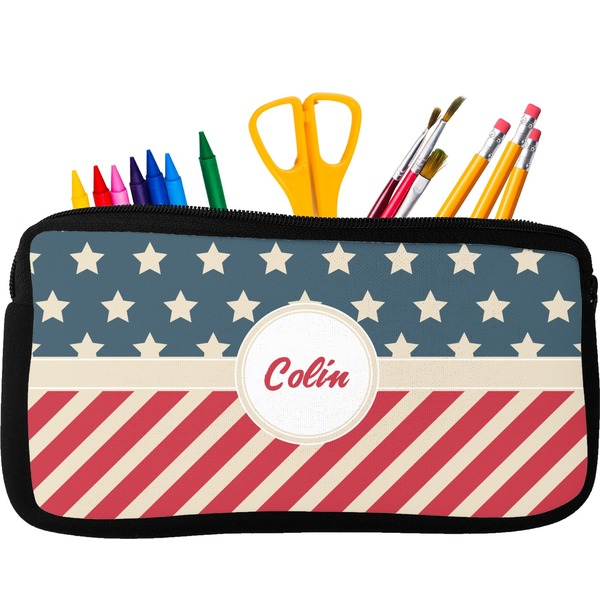Custom Stars and Stripes Neoprene Pencil Case - Small w/ Name or Text