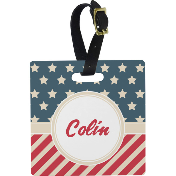 Custom Stars and Stripes Plastic Luggage Tag - Square w/ Name or Text