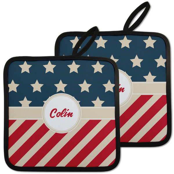 Custom Stars and Stripes Pot Holders - Set of 2 w/ Name or Text