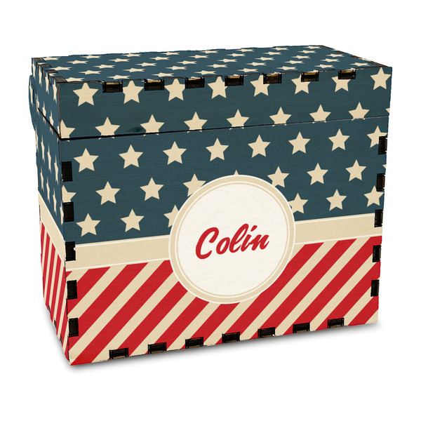 Custom Stars and Stripes Wood Recipe Box - Full Color Print (Personalized)