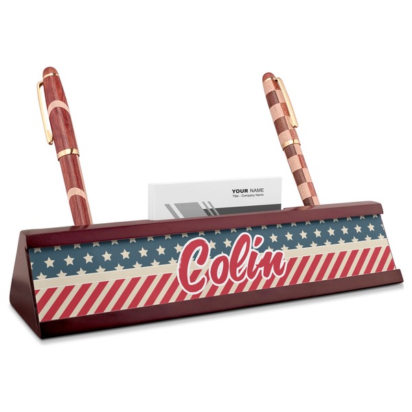 Custom Stars and Stripes Red Mahogany Nameplate with Business Card Holder (Personalized)