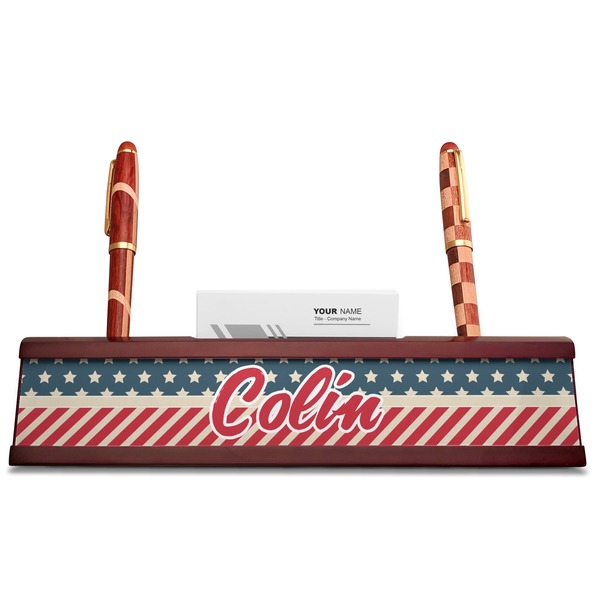 Stars and Stripes Red Mahogany Nameplates with Business Card Holder - Straight