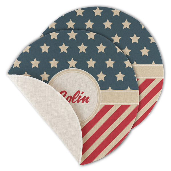 Custom Stars and Stripes Round Linen Placemat - Single Sided - Set of 4 (Personalized)