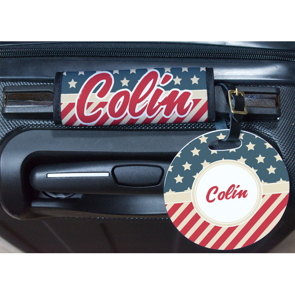 Stars and Stripes Round Luggage Tag & Handle Wrap - In Context