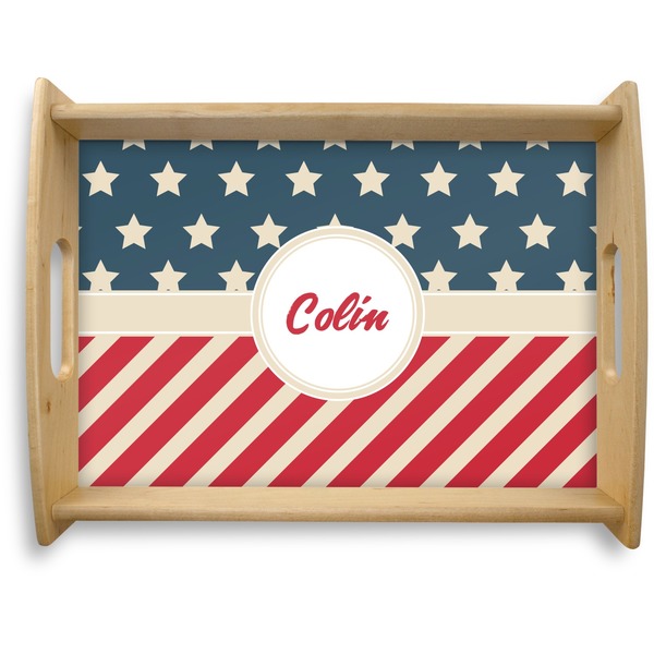 Custom Stars and Stripes Natural Wooden Tray - Large (Personalized)