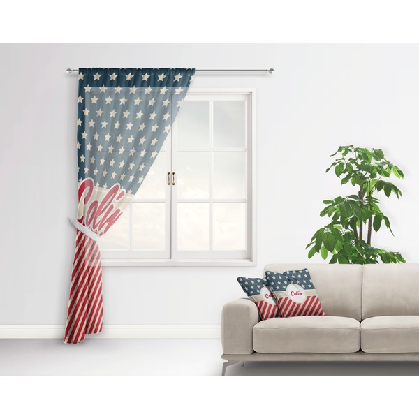 Stars and Stripes Sheer Curtain With Window and Rod - in Room Matching Pillow
