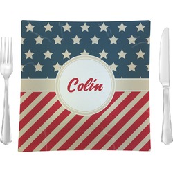 Stars and Stripes 9.5" Glass Square Lunch / Dinner Plate- Single or Set of 4 (Personalized)
