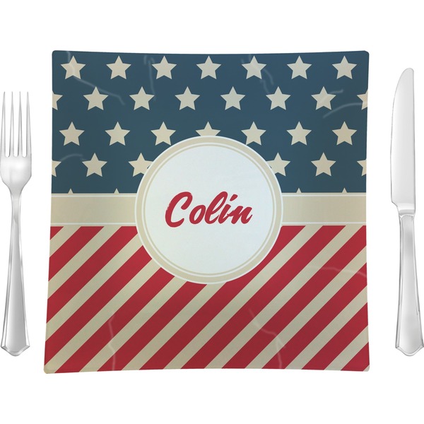 Custom Stars and Stripes 9.5" Glass Square Lunch / Dinner Plate- Single or Set of 4 (Personalized)