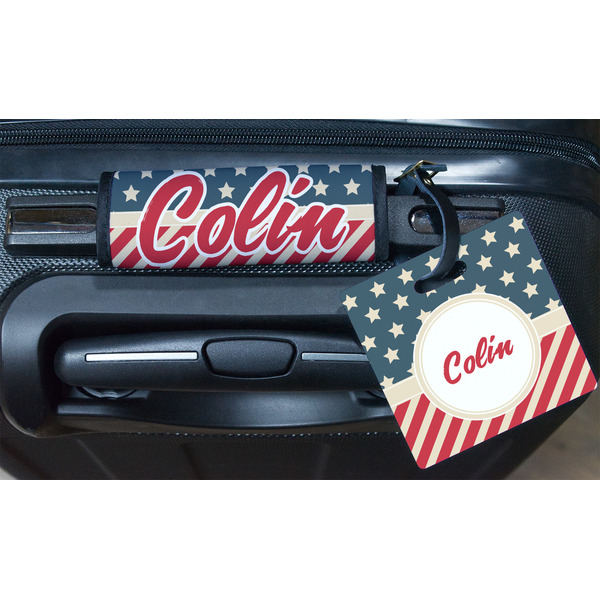 Stars and Stripes Square Luggage Tag & Handle Wrap - In Context