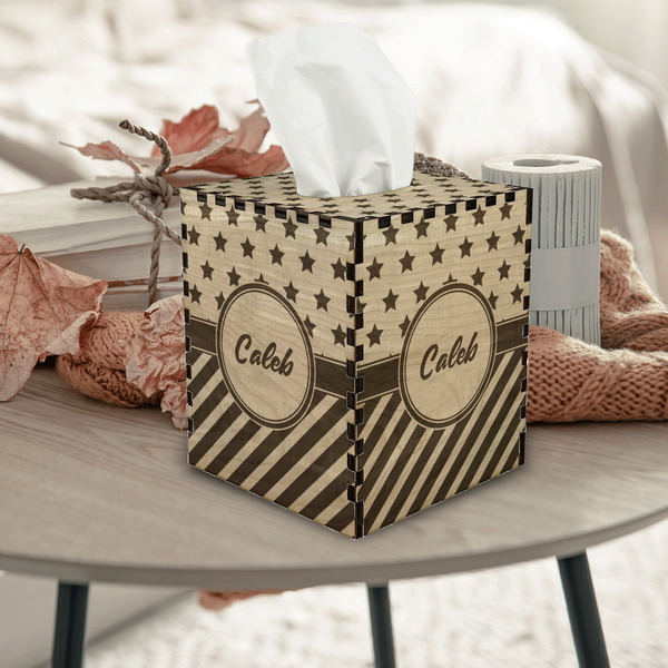 Stars and Stripes Square Tissue Box Covers - Wood - In Context