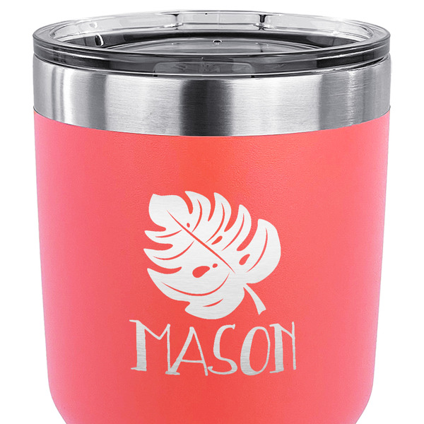 Tropical Leaves #2 30 oz Stainless Steel Ringneck Tumbler - Coral - CLOSE UP