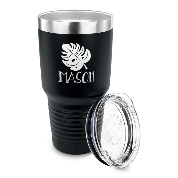 Tropical Leaves #2 30 oz Stainless Steel Ringneck Tumblers - Black - LID OFF