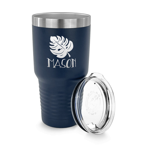 Tropical Leaves #2 30 oz Stainless Steel Ringneck Tumblers - Navy - LID OFF