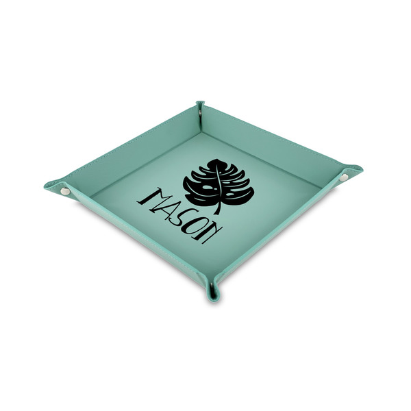 Custom Tropical Leaves #2 6" x 6" Teal Faux Leather Valet Tray (Personalized)