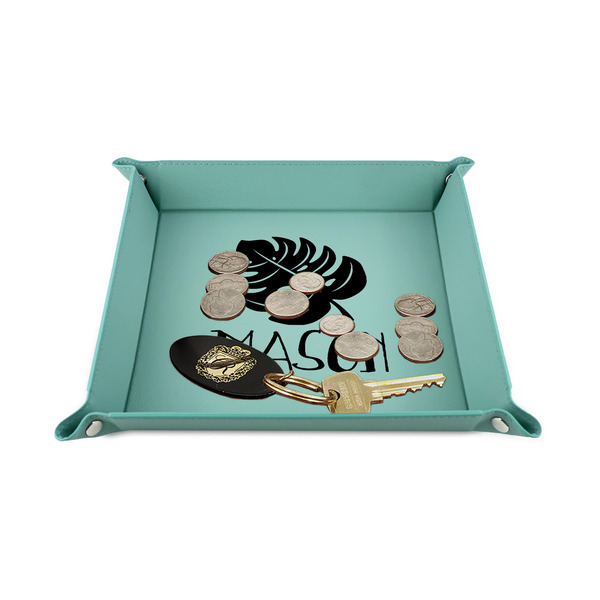 Tropical Leaves #2 6" x 6" Teal Leatherette Snap Up Tray - STYLED