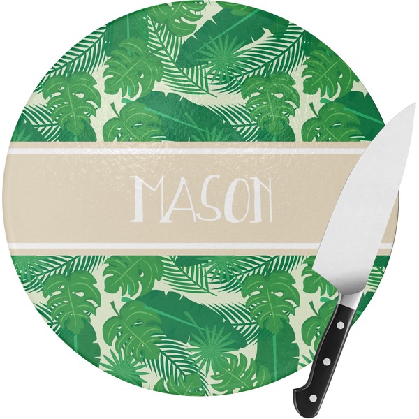 Custom Tropical Leaves #2 Round Glass Cutting Board - Small (Personalized)