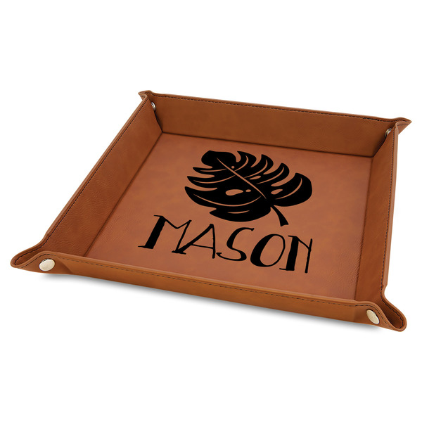 Custom Tropical Leaves #2 9" x 9" Leather Valet Tray w/ Name or Text