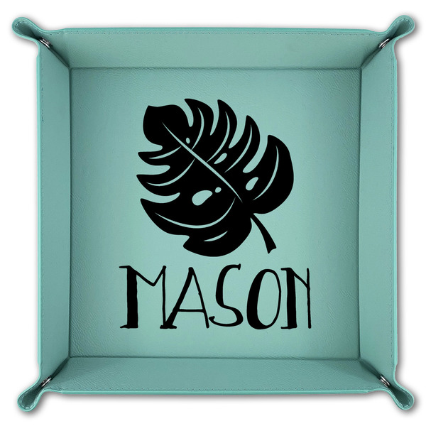 Tropical Leaves #2 9" x 9" Teal Leatherette Snap Up Tray - FOLDED