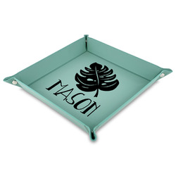 Tropical Leaves #2 9" x 9" Teal Faux Leather Valet Tray (Personalized)