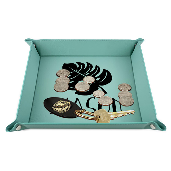 Tropical Leaves #2 9" x 9" Teal Leatherette Snap Up Tray - STYLED