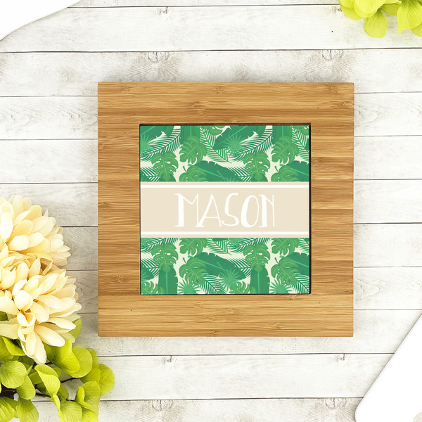 Tropical Leaves #2 Bamboo Trivet with 6" Tile - LIFESTYLE